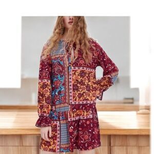 Zara Basic Floral Long  Bell Sleeve Dress Tight Neck Women's Size Small - NWOT